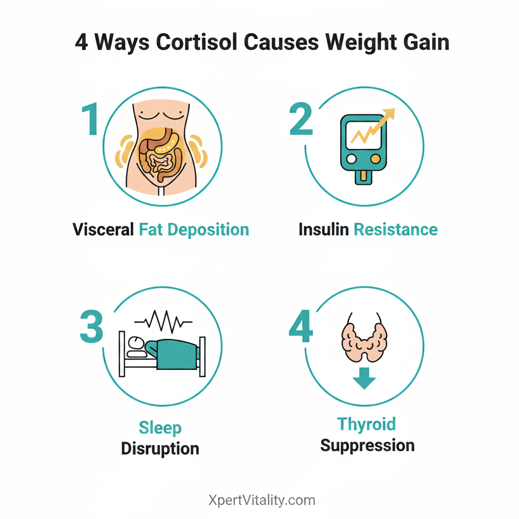 4 ways cortisol causes weight gain infographic — visceral fat deposition, insulin resistance, sleep disruption, thyroid suppression